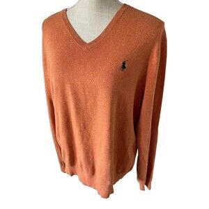 Polo Ralph Lauren Men's Orange Sweater Shirt Knit Pima Cotton, V-Neck Pullover L